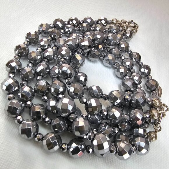Faceted Silver Hematite Sterling Silver Multi Strand Bib Necklace, 17” - Picture 4 of 10